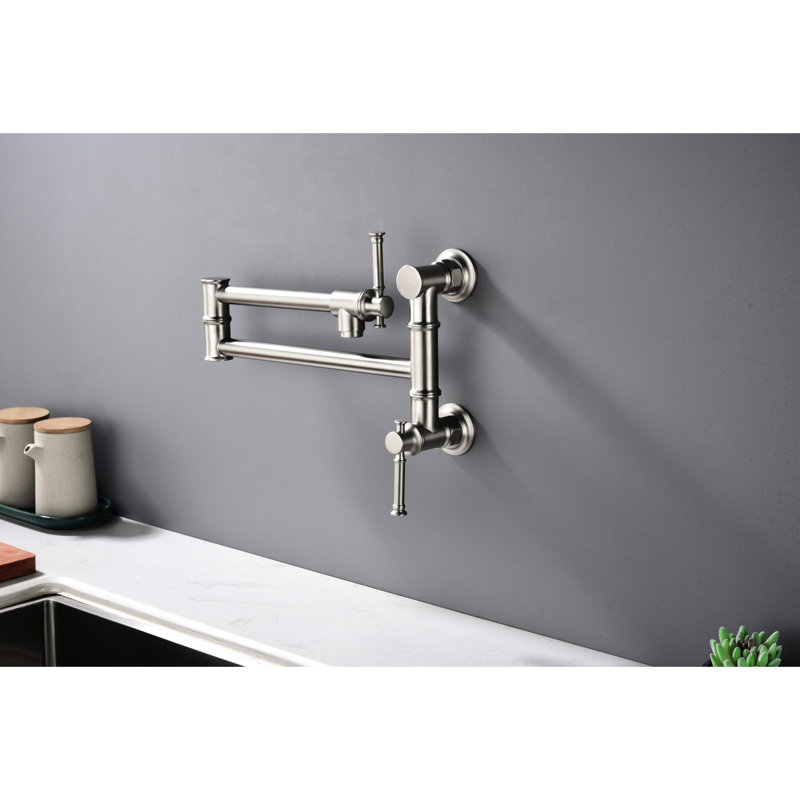 Pot Filler Faucet Wall Mount - Brass, Modern Look, Two-Attachment, Swing Arm Folding, Brushed Nickel, No Dripping, Smooth Waterfall Brass Mount, Foldable Arm, , Stable Water Stream