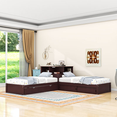 Twin Wood L-Shaped Platform Bed with Trundle and Storage Cabinets and LED Light