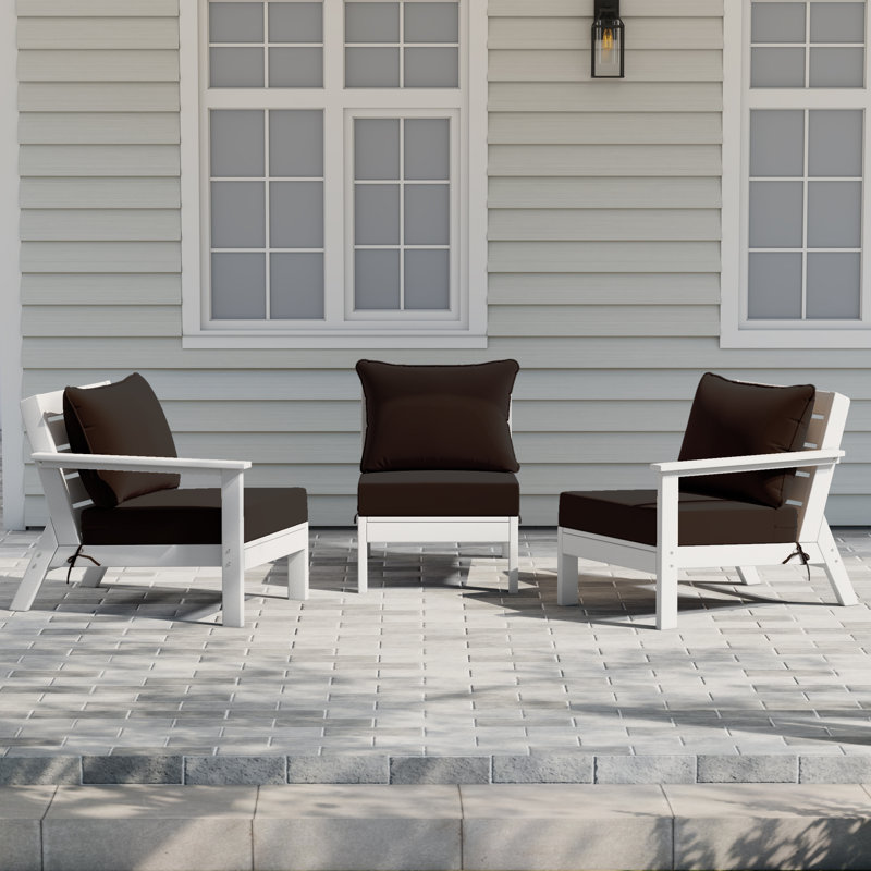 3-Piece Deep Seating Set With Cushions, White, Brown