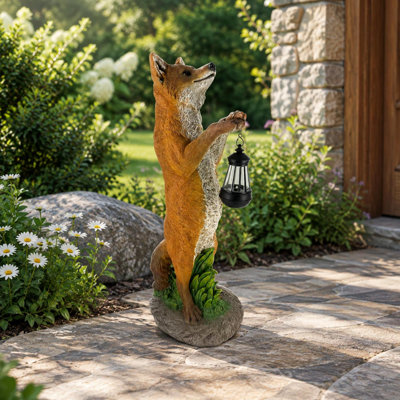 Statue de jardin Fox avec lanterne solaire suspendue en résine