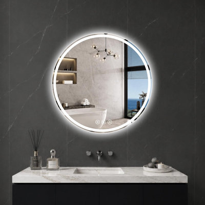 Miroir rond de salle de bain à DEL, 22 po, verre trempé incassable HD