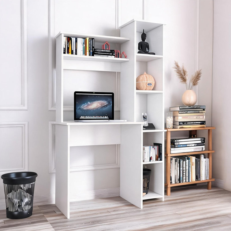 Bureau d'écriture avec tablette de rangement en panneau de particules beige neutre, l 38,7 po x P 17,8 po x H 63,9 po, Beige