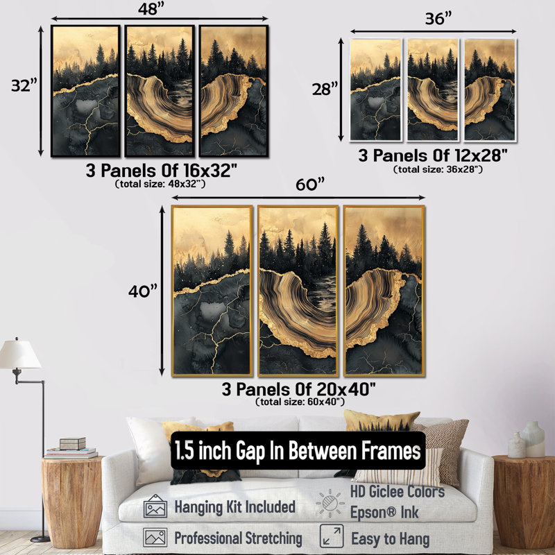 Forêt forêt de cristal onyx noir V - art mural forêt - ensemble de 3, H 28 po x l 36 po, Noir