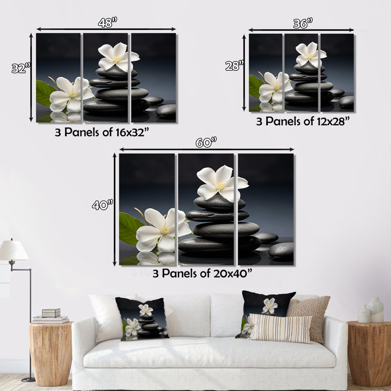 «Zen Black River Stone Blooming Magnolias - Lily», reproduction d'art sur toile, H 40 po x l 60 po x P 1 po