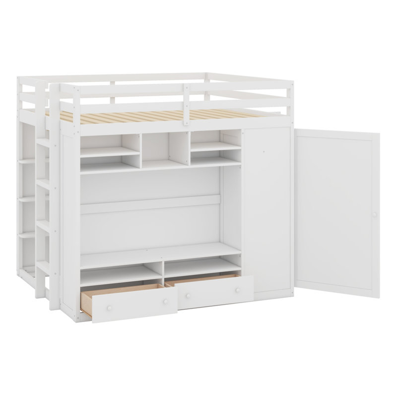 Lit mezzanine avec tiroirs, tablettes et lumière, Blanc