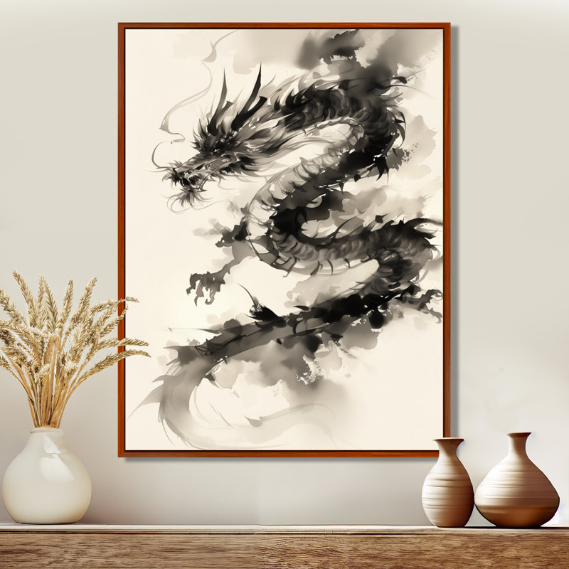 Portrait d'un dragon chinois - Dragons, art mural dans le salon, Toile avec cadre flottant brun, H 40 po x l 30 po x P 1,5 po