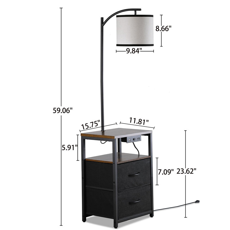 Floor Lamp with Table & 2 Drawers, Rustic Brown
