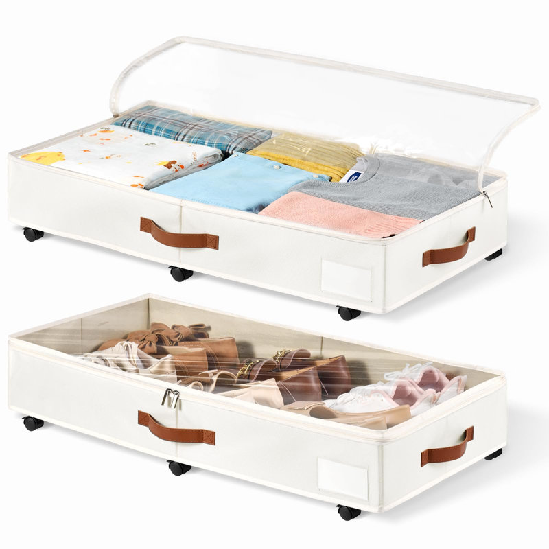 6 Inches Under Bed Storage With Wheels Pack Of 2, Underbed Shoe Storage Container Bin With Clear Lid Cover, Rolling Under Bed Drawer Bag Basket, White