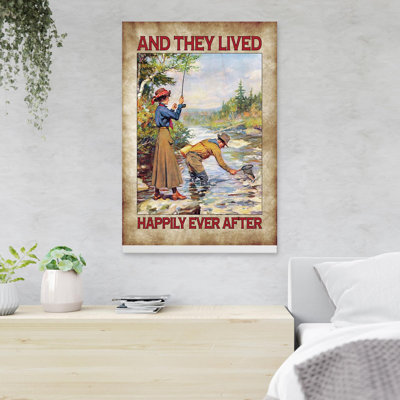 Couple pêche sur la rivière et ils ont survécu à la vie après 1 reproduction d'art graphique sur toile tendue