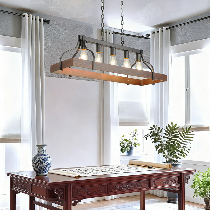 Lustre de ferme à 5 lumières avec finition grain de bois rustique, lumière linéaire en métal noir pour îlot de cuisine et salle à manger, L 33,5 po x l 10,6 po x H 47,2 po