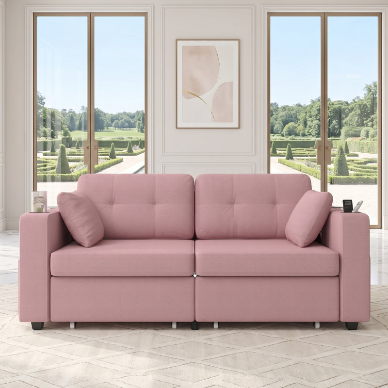 Causeuse en chenille de 67,76 po de largeur avec rangement caché, porte-gobelets et ports USB intégrés, Pink