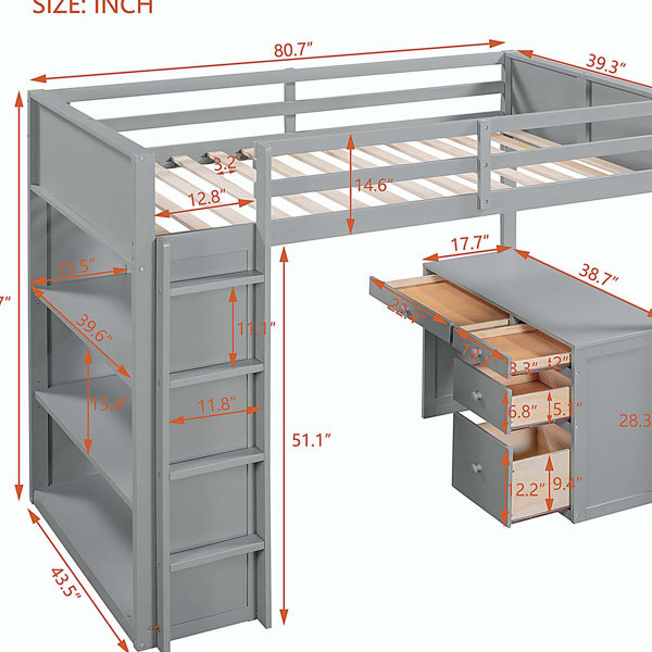 Latitude Run® Full Size Loft Bed with Ladder, Shelves, and Desk, White ...