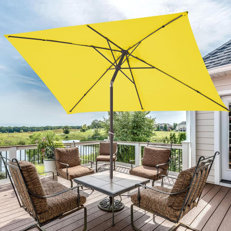  Parasol de marché extérieur, parapluies de patio rectangulaires de 6,5 x 10 pi avec inclinaison à bouton-poussoir et manivelle, parasol de table rectangulaire avec protection contre les rayons UV pour la terrasse du jardin de la piscine, jaune