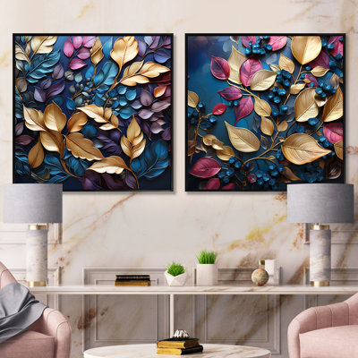Feuilles dorées et bleues charmantes en hiver II - ensemble de 2 feuilles carrées