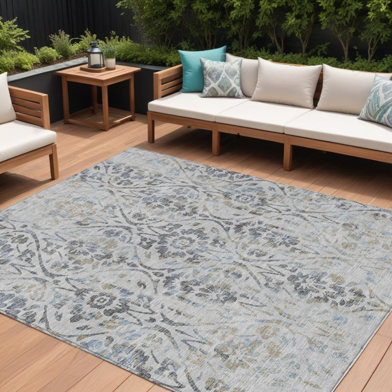Tapis extérieur lavable floral gris et noir 10 pi x 14 pi