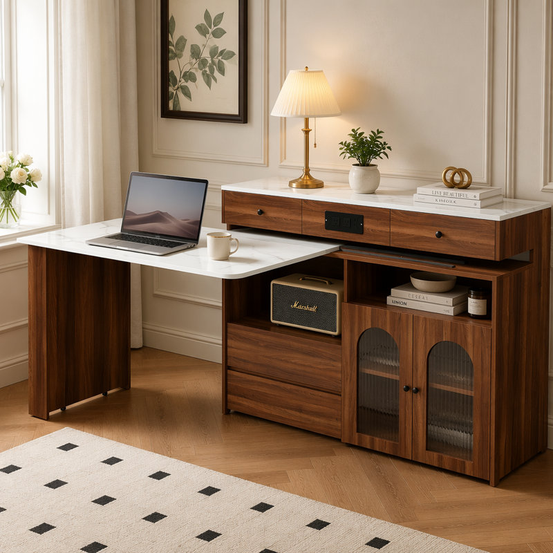 Extendable Rotating Kitchen Island with Built-in Outlet