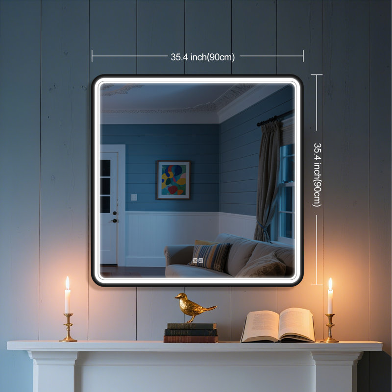 Cadre noir avec miroir DEL 90 x 90 cm, luminosité réglable, 3 couleurs, antibuée, contrôle tactile, à brancher