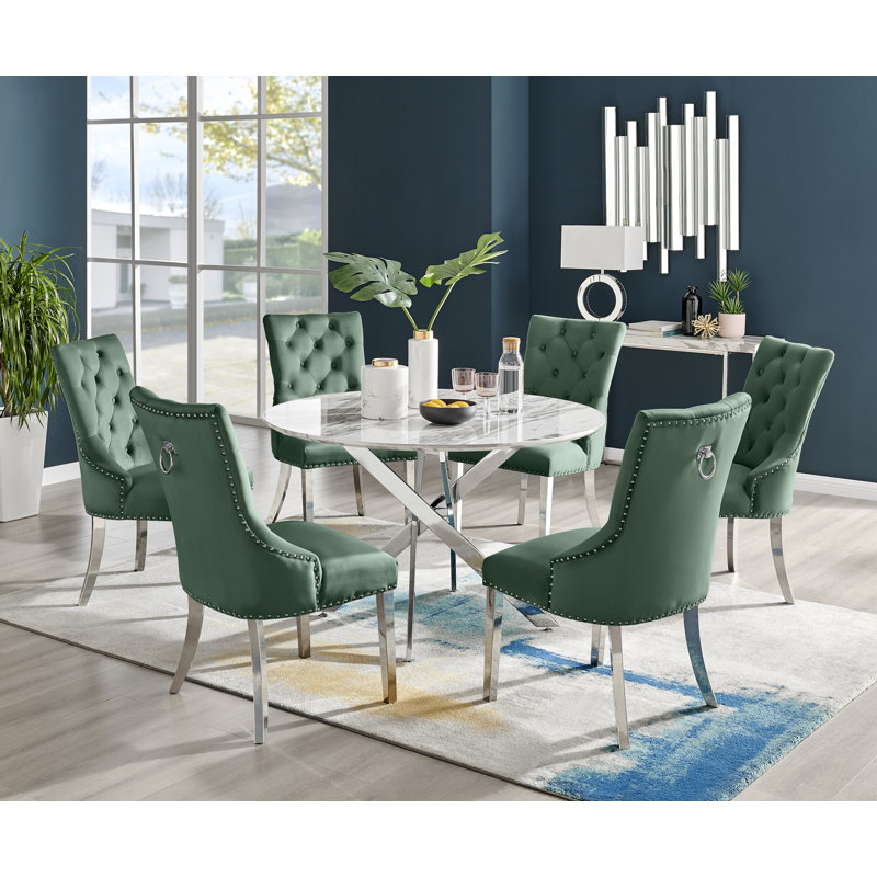 Tierra Modern Chrome Metal & Glass Round Dining Table Set with 6 Luxury Button Velvet Chairs, Green, White Marble Effect