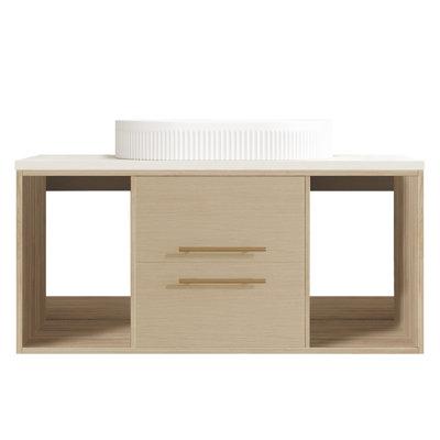 Modern 39.3 Wall-Mounted Bathroom Vanity with Oval Ceramic Sink Floating Vanity Multi-Layer Solid Wood Cabinet Soft-Close Drawers Open Shelf Storage