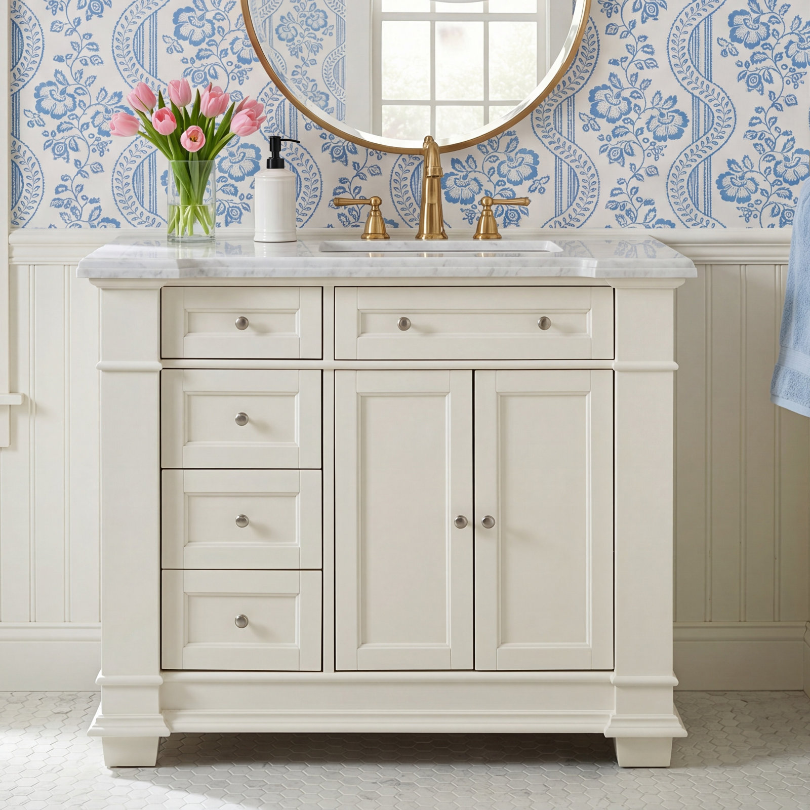Rea 42" Carrara Marble Single Bathroom Vanity, Off-White