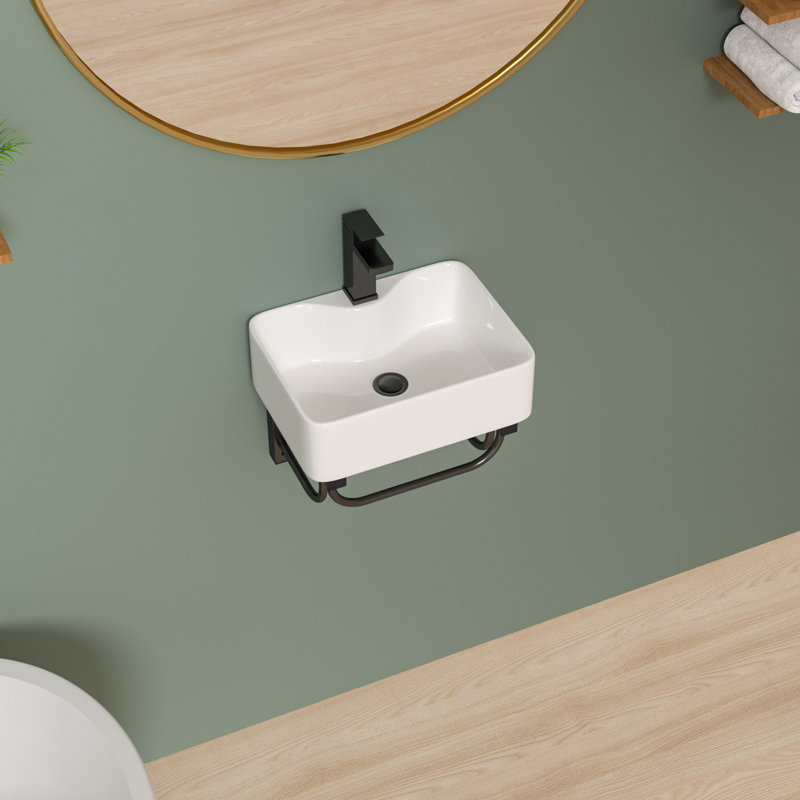 Lavabo de salle de bain mural en céramique 16 po x 16 po x 16 po avec trou pour robinet et support à serviettes