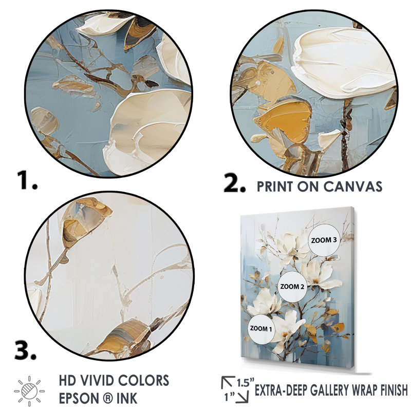 «Elegant White and Blue Magnolias Serenity II», reproduction sur toile, Cadre simple argenté, H 32 po x l 24 po x P 1 po