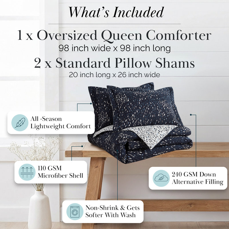Vilano Choice Botanical Leaves Microfiber Reversible Duvet Cover Set, Blue, Full/Queen Comforter + 2 Standard Shams