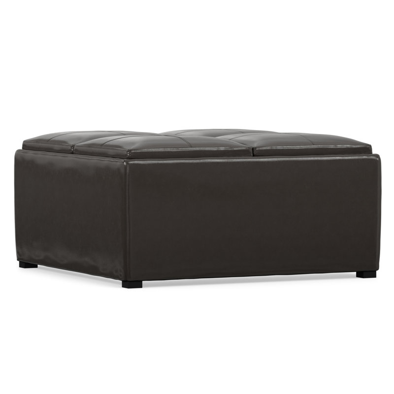 Avalon 35"W Upholstered Vegan Leather Modern Square Coffee Table Storage Ottoman with 4 Flip-Over Trays, Black