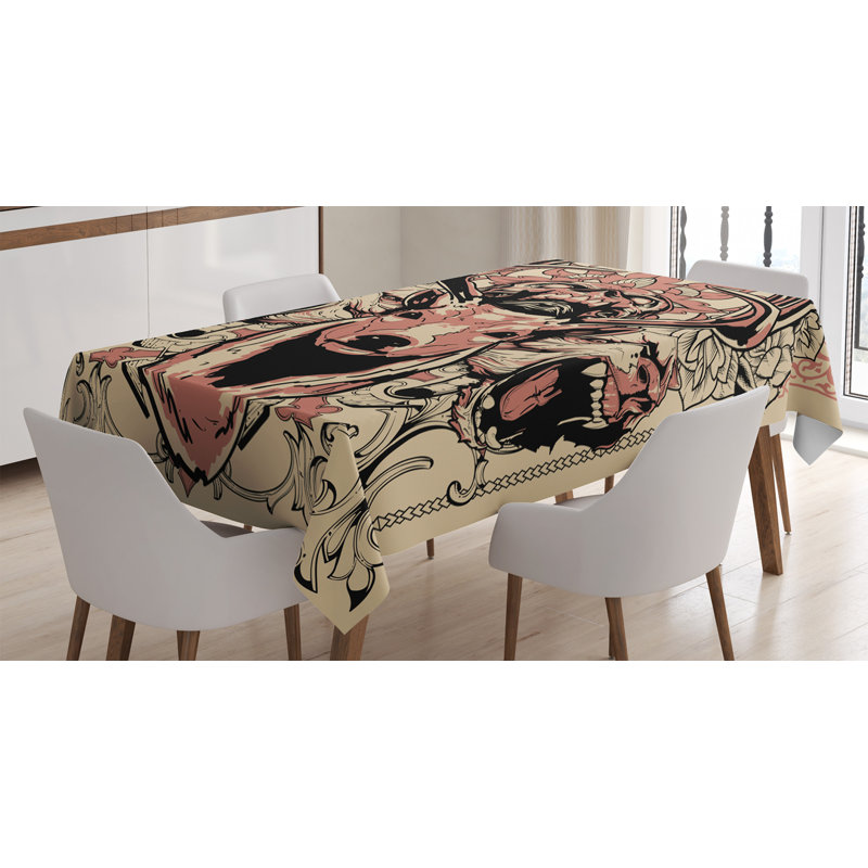 Ambesonne Deer Tablecloth, Modern Illustration Of Skull And Wolves With Floral Design Majestic Antler, Rectangular Table Cover For Dining Room Kitchen Decor, 52" X 70", Black Beige Pink