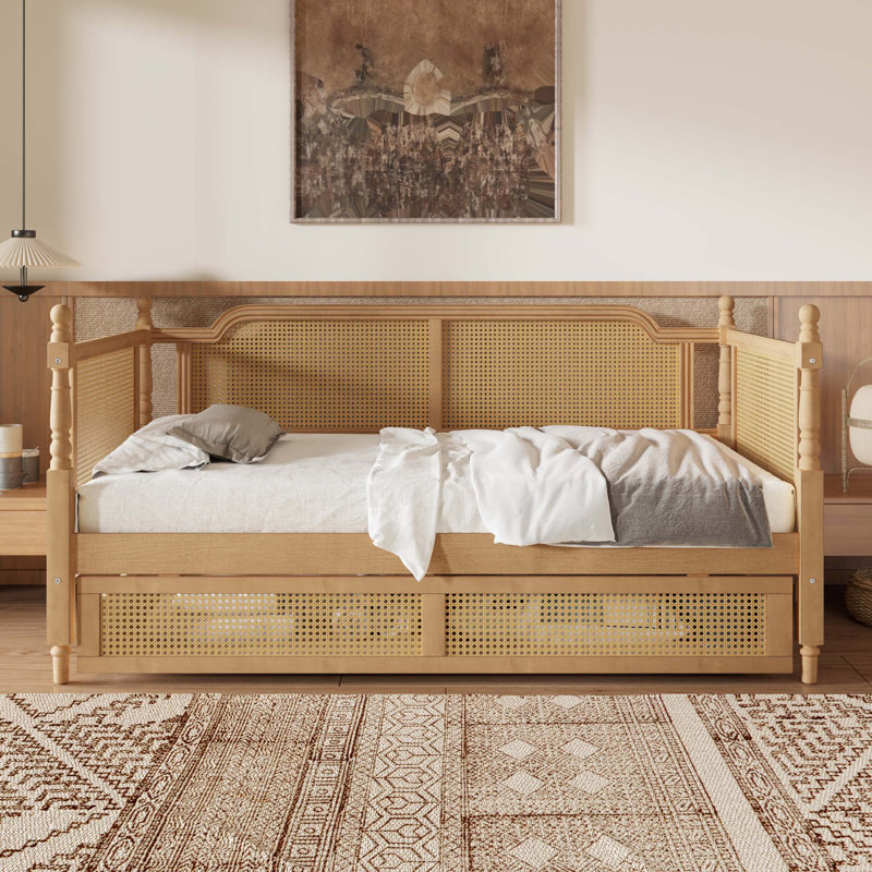 Traditional Style Rattan Daybed for Limited Space, Guest Room, No Box Spring Needed, Twin, Walnut 1