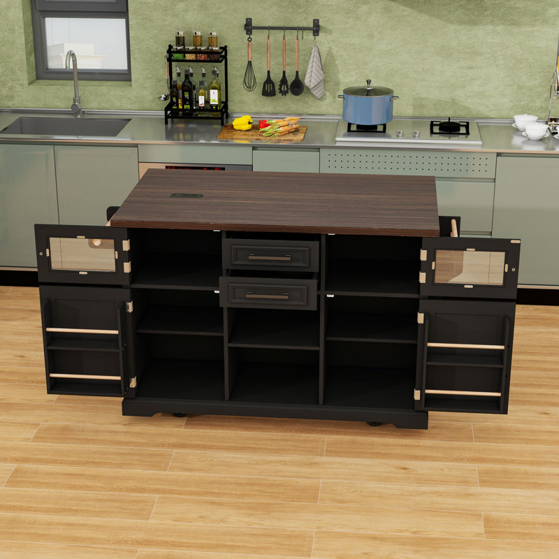 Kitchen Island with Drop Leaf, Charging Station, 2 Drawers and Adjustable Shelves, Black