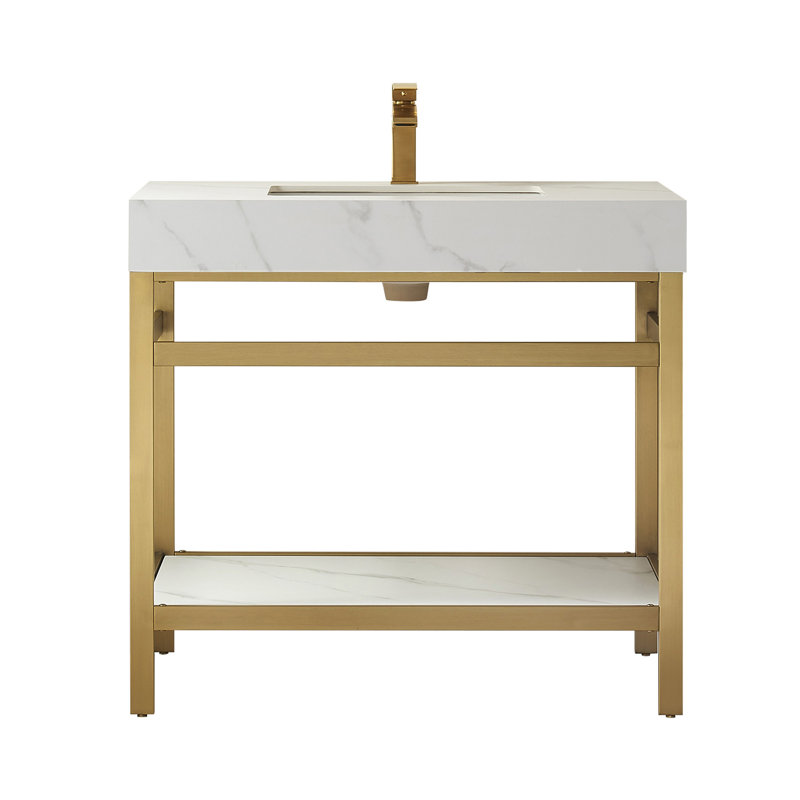 36'' Single Bathroom Vanity with Stone Top with Mirror, Brushed Gold, Brushed Gold, Snow Mountain White