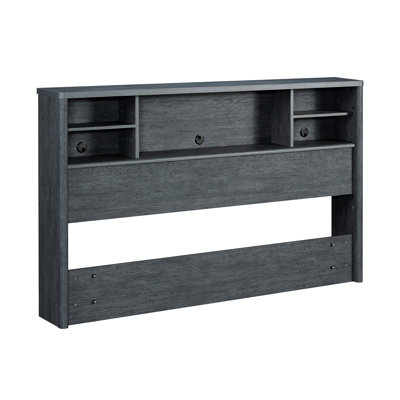 Tête de lit bibliothèque double / grand, finition denim + brun, solution de rangement élégante, compartiments multifonctionnels, compatible avec les lits doubles et grands, apparence grise contemporaine, tablettes réglables,
