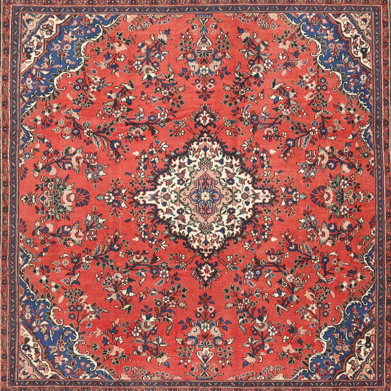 Tapis oriental rouge et bleu, Carré 6 pi