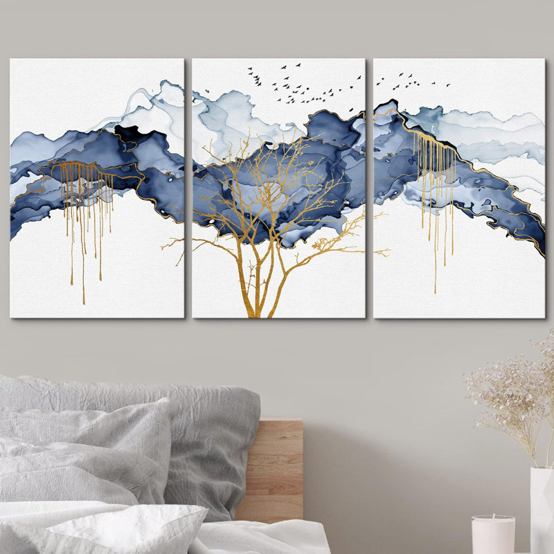 Abstrait, paysage abstrait, peinture pastel bleue, nuage, oiseaux, arbre d'or, illustrations abstraites, art moderne, paysage rustique