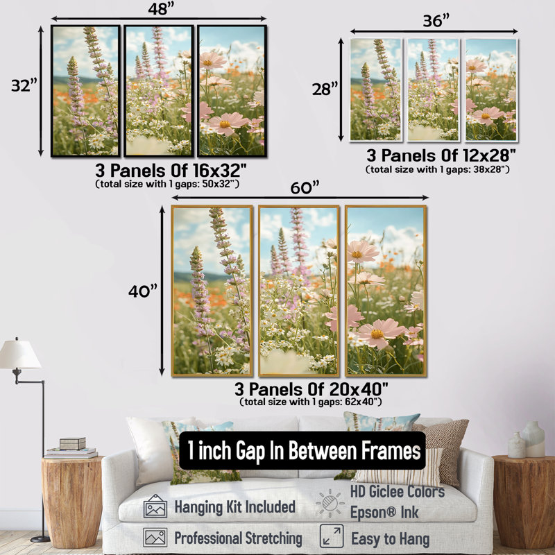 Ensemble de salon art mural de ferme rose et vert, Toile avec cadre flottant brun, H 40 po x l 60 po x P 1 po