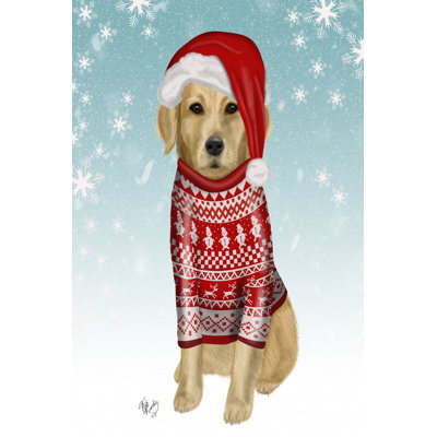 Golden Retriever In Christmas Sweater by Fab Funky - Wrapped Canvas Painting