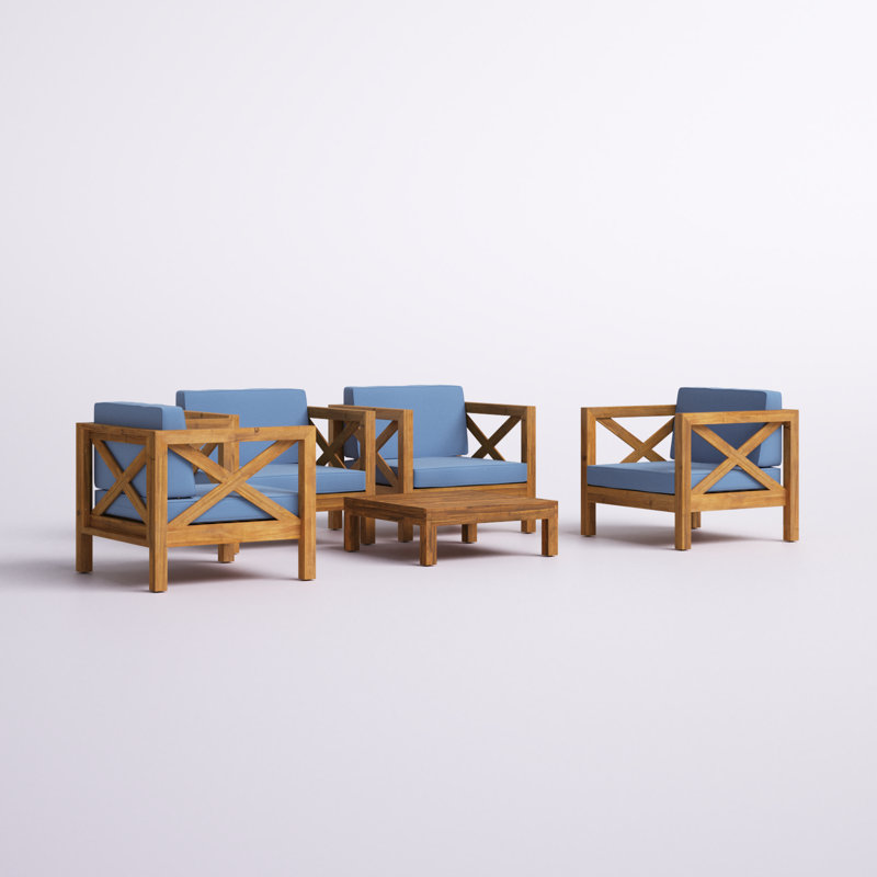 Ensemble de conversation pour patio pour 4 personnes avec coussins Raymo Acacia, Bleu