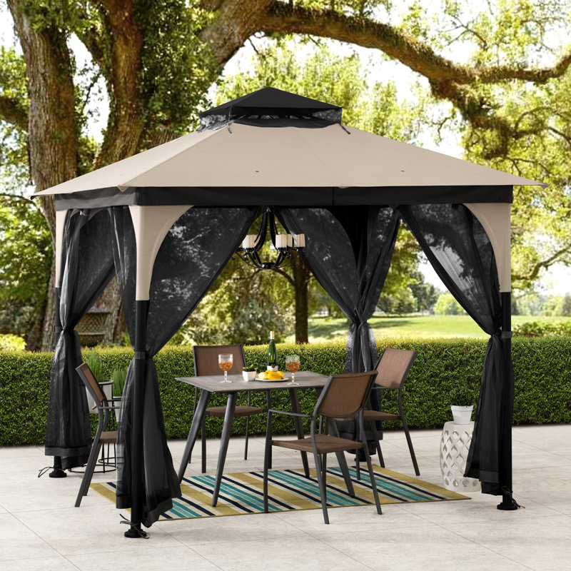 Sunjoy 9 ft. x 9 ft. Gazebo with 2-Tier Canopy Roof, Steel Frame Soft top Gazebo with Ceiling Hook and Mosquito Netting