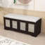 Banc de rangement avec coussin, tablettes réglables et portes en rotin tissé-312129037