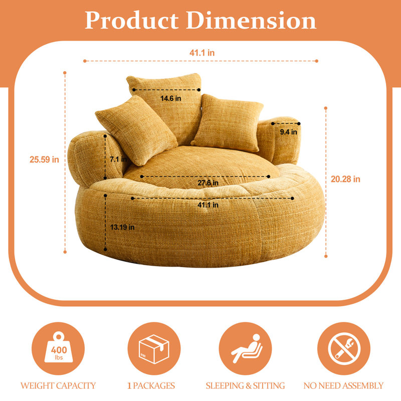  Fauteuil à billes en chenille moderne, canapé surdimensionné rond en mousse avec accoudoirs, jaune, Velours côtelé jaune