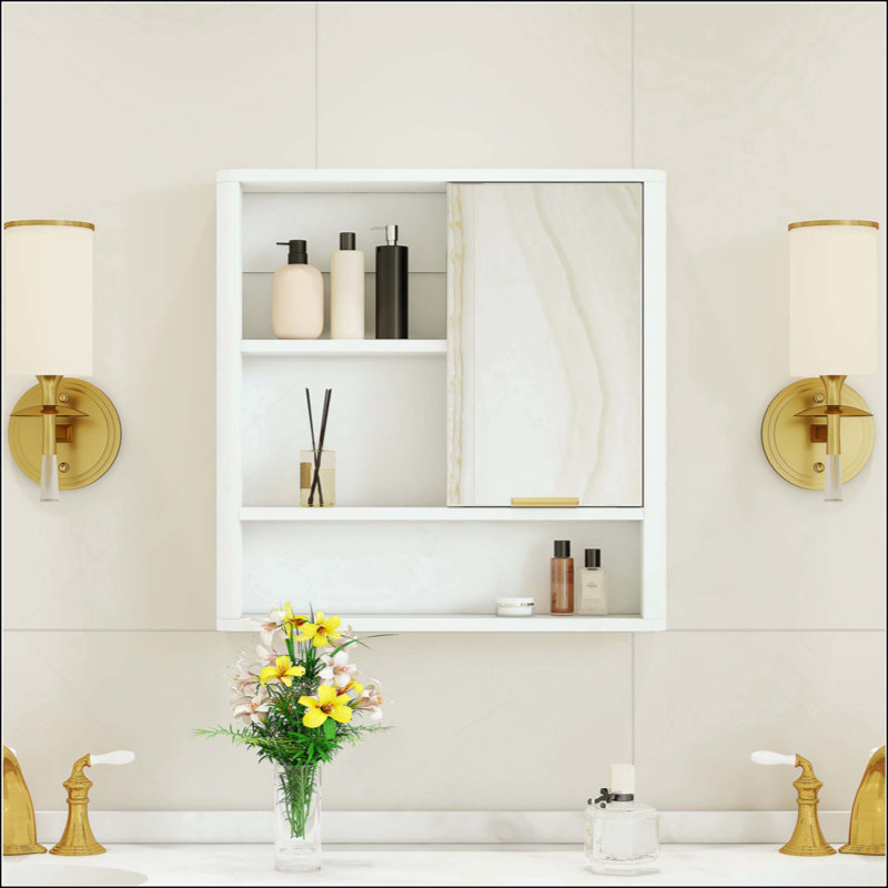 Armoire de salle de bain moderne avec miroir, armoire de rangement murale avec tablettes ouvertes, armoire à pharmacie imperméable avec décor, organisateur de meuble-lavabo peu encombrant pour la salle de bain