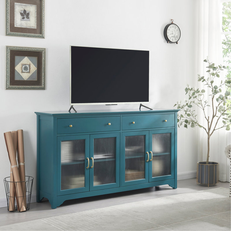 65" TV Console/ Storage Buffet Cabinet/ Sideboard With Glass Door And Adjustable Shelves/ Console Table/ Teal Blue