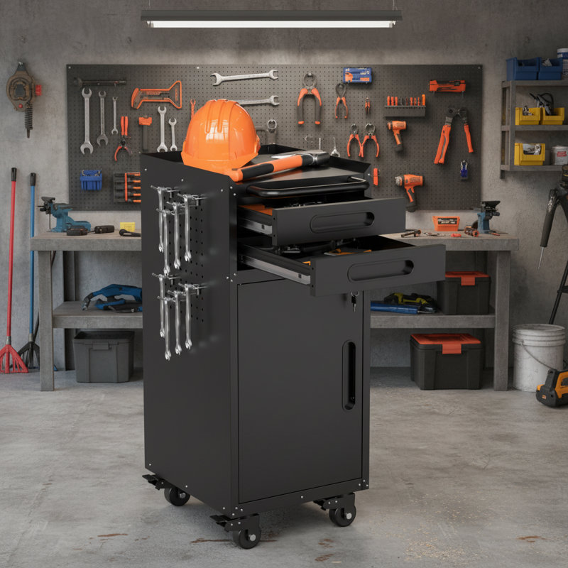 Lightweight And Narrow Tool Storage Cabinet, Made Of Sturdy And Durable Metal, With A Double Cabinet And Drawer Combination, Perfect For Garage And Studio Storage.