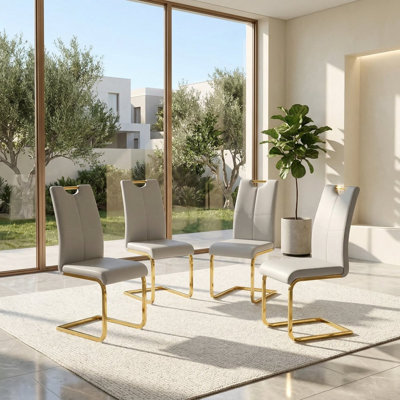 Sumdeal Modern Light Gray PU Leather Dining Chair Set with Golden C-Shaped Metal Legs, Set of 4