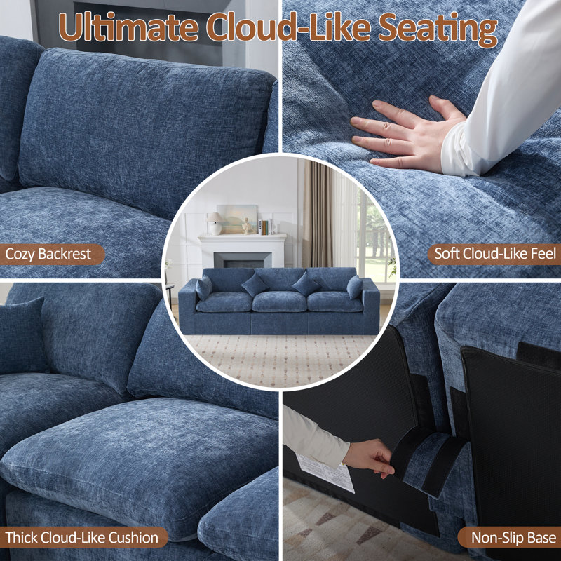 Canapé en chenille, H 25,1 po x l 114,9 po x P 41,3 po, Bleu