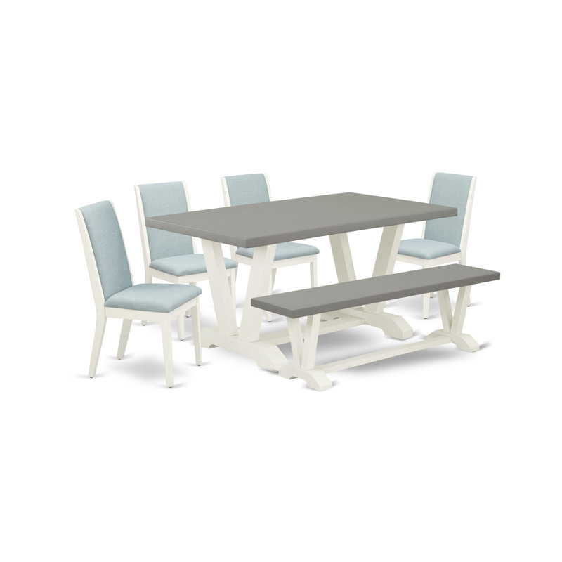 L'ensemble de table de salle à manger 6 pièces se compose d'une table moderne en ciment, d'un banc de cuisine et de 4 chaises de salle à manger en tissu de lin bleu à haut dossier - Lin brossé blanc