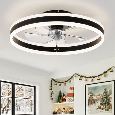 Cissline 20" Modern Black Flush Mount Ceiling Fan With Integrated Ring Light For Bedroom & Living Spaces