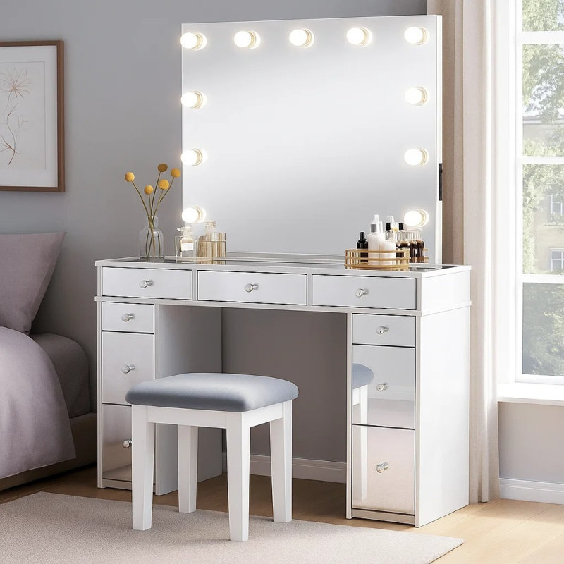 Margo Vanity Set With Lighted Mirror And Padded Stool, White-Gray
