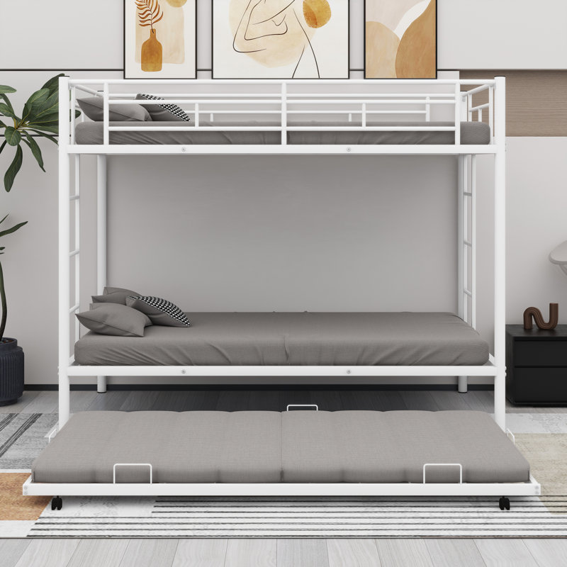 Triple Bunk Bed With Trundle,Two Side Ladder And Guardrails, White